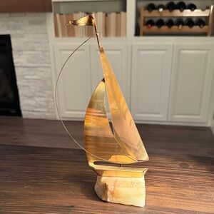 Signed Yosi Brass Sailboat Sculpture with Onyx Base